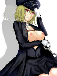 Rule 34 | 1girl, bdsm, breasts, breasts out, cuffs, female focus, gloves, green hair, handcuffs, hat, highres, kazami yuuka, large breasts, misaka 12003-gou, nazi, nipples, red eyes, skirt, solo, touhou, uniform, white background