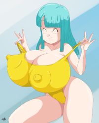 Rule 34 | 1girl, bare shoulders, blue hair, breasts, covered erect nipples, curvy, dragon ball, dragonball z, female focus, happy, huge breasts, long hair, maron (dragon ball), nipples, one-piece swimsuit, shiny skin, solo, swimsuit, toshiso (artist)