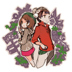 Rule 34 | 1boy, 1girl, :d, beanie, bob cut, brown eyes, brown hair, buttons, cable knit, cardigan, collared shirt, commentary, creatures (company), dress, from side, game freak, gloria (pokemon), green headwear, grey cardigan, grey headwear, hat, holding, hooded cardigan, inward v, lillin, looking at viewer, nintendo, open mouth, pants, pink dress, plaid, pokemon, pokemon swsh, red shirt, shirt, short hair, sleeves rolled up, smile, swept bangs, tam o&#039; shanter, victor (pokemon)
