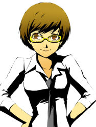 Rule 34 | 1girl, atlus, bad id, bad pixiv id, blouse, brown eyes, brown hair, collared shirt, dress shirt, fujino miyabi, glasses, hands on own hips, high contrast, necktie, persona, persona 4, satonaka chie, shirt, short hair, simple background, smile, solo, upper body, white background, white shirt, yellow-framed eyewear
