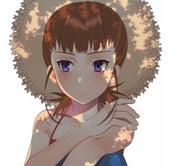 Rule 34 | 1girl, bare arms, bare shoulders, blush, brown hair, camisole, closed mouth, collarbone, digimon, digimon tamers, hano ka, hat, highres, makino ruki, ponytail, purple eyes, shadow, solo, spaghetti strap, straw hat, sun hat