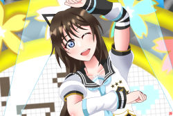 Rule 34 | 1girl, ;), animal ears, aqua eyes, aqua neckwear, artist name, artist request, blue eyes, blush, breasts, brown hair, cat ears, clenched hands, collarbone, female focus, hair between eyes, highres, long hair, looking at viewer, love live!, love live! nijigasaki high school idol club, love live! school idol festival, one eye closed, osaka shizuku, parted lips, ponytail, sailor collar, shirt, short sleeves, single stripe, smile, solo, stage, stage lights, star (symbol), star print, striped sleeves, teeth, white sailor collar, white shirt