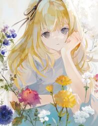 Rule 34 | 1girl, arm at side, arm support, black eyes, black ribbon, blonde hair, blue flower, commentary, dress, flower, hair ribbon, highres, long bangs, looking at viewer, medium hair, niwa haruki, no pupils, original, parted lips, red flower, ribbon, rose, short sleeves, sidelocks, solid circle pupils, solo, symbol-only commentary, upper body, white dress, yellow flower
