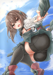 Rule 34 | 1girl, bike shorts, blue sky, boots, bow (weapon), brown eyes, brown hair, cartridge, cloud, cropped jacket, crossbow, from behind, from below, grey skirt, grey thighhighs, headband, headgear, highres, jacket, kantai collection, kasashi (kasasi008), looking at viewer, short hair with long locks, skirt, sky, smile, solo, taihou (kancolle), thighhighs, weapon, white jacket