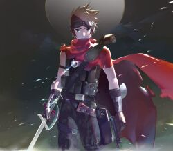 Rule 34 | 1boy, alec (arc the lad), arc the lad, arc the lad iii, belt, brown hair, cape, closed mouth, cloud, cofffee, gloves, goggles, gun, highres, jewelry, looking at viewer, male focus, necklace, protected link, red cape, short hair, solo, sword, weapon