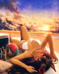 1girl absurdres alternate_costume animal_ears armpits ball barefoot beach_towel beachball bikini black_hair blue_nails blue_sky blush breasts cleavage commentary_request dark-skinned_female dark_skin ear_ornament eyewear_on_head glass_bottle hair_between_eyes hanamuzimuzi highres hishi_amazon_(umamusume) horse_ears horse_girl knee_up large_breasts long_hair looking_at_viewer lying nail_polish ocean on_back outdoors red_eyes sand sky smile solo sunglasses sunset swimsuit towel umamusume water white_bikini