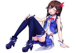 Rule 34 | 1girl, ;d, absurdres, bike shorts, black shorts, blue eyes, blue footwear, blue jacket, blue skirt, blue thighhighs, blush, bow, brown hair, full body, hair ornament, hair ribbon, hairclip, hand on own knee, highres, hololive, jacket, long hair, mikannsisyou, miniskirt, neck ribbon, one eye closed, open clothes, open jacket, open mouth, pleated skirt, purple bow, red ribbon, ribbon, shirt, short shorts, shorts, shorts under skirt, simple background, sitting, skirt, sleeveless, sleeveless jacket, sleeveless shirt, smile, solo, star (symbol), star hair ornament, thighhighs, tokino sora, tokino sora (1st costume), very long hair, virtual youtuber, white background, white shirt, wrist cuffs, zettai ryouiki