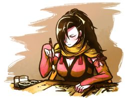 Rule 34 | 10s, 1girl, 2016, art brush, artist name, black hair, breasts, cleavage, commentary, dated, elbow gloves, closed eyes, fingerless gloves, fire emblem, fire emblem fates, gloves, hair over one eye, holding, inkwell, kagero (fire emblem), killuba, long hair, nintendo, paintbrush, paper, ponytail, scarf, solo, table, tassel