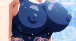 Rule 34 | 1girl, animated, animated gif, blue one-piece swimsuit, bouncing breasts, breast focus, breasts, cleavage, close-up, covered erect nipples, fujimiya megumi, inkou kyoushi no saimin seikatsu shidouroku, large breasts, one-piece swimsuit, sideboob, swimsuit, walking, wet, wet clothes