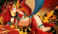 Rule 34 | 1girl, animal feet, bare shoulders, breasts, crop top, duel monster, feathers, fire, fire king avatar princess, green eyes, harpy, headdress, long hair, looking at viewer, medium breasts, midriff, monster girl, multicolored wings, red feathers, red hair, red skirt, sidelocks, skirt, solo, talons, thighlet, tiara, underboob, wings, yu-gi-oh!, zozokii-akin