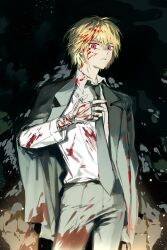Rule 34 | 1boy, absurdres, black jacket, black necktie, black pants, blonde hair, blood, blood on clothes, blood on hands, chain, closed mouth, collared shirt, highres, hunter x hunter, jacket, jewelry, kurapika, looking at viewer, male focus, mop 0321, multiple rings, necktie, pants, red eyes, ring, shirt, short hair, solo, suit jacket, white shirt