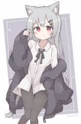 Rule 34 | 1girl, absurdres, animal ear fluff, animal ears, black jacket, black pantyhose, black ribbon, blush, cat ears, cat girl, cat tail, closed mouth, collarbone, collared shirt, colon br, feet out of frame, grey hair, hair ornament, hairclip, highres, hood, hood down, hooded jacket, jacket, light frown, long hair, long sleeves, looking at viewer, neck ribbon, off shoulder, original, pantyhose, red eyes, ribbon, shirt, sidelocks, signature, sleeve cuffs, solo, tail, untucked shirt, white background, white shirt