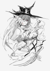 Rule 34 | 1girl, a9712mob, arknights, bare shoulders, blood, blood on face, eyes visible through hair, gladiia (arknights), greyscale, hair over one eye, hat, highres, long hair, monochrome, red eyes, simple background, sketch, solo, spot color, unfinished, upper body, white background