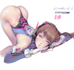 Rule 34 | 1girl, 2016, acronym, adapted costume, artist name, ass, bag, bare shoulders, blue gloves, blue leotard, bracer, breast press, breasts, brown eyes, brown hair, change (437483723), character name, closed mouth, cropped legs, d.va (overwatch), detached sleeves, dutch angle, eyelashes, facepaint, facial mark, gloves, glowing, grey eyes, hands on floor, headgear, headphones, highleg, highleg leotard, highres, leotard, long hair, looking at viewer, medium breasts, overwatch, overwatch 1, pink lips, purple eyes, revision, ribbed leotard, shiny skin, simple background, skin tight, sleeveless, solo, swept bangs, thong leotard, top-down bottom-up, turtleneck, whisker markings, white background, white gloves