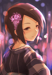 Rule 34 | 1girl, black hair, blurry, blush, depth of field, flower, from behind, hair ornament, highres, idolmaster, idolmaster cinderella girls, japanese clothes, kimono, looking at viewer, looking back, minori (m-noir), nape, short hair, smile, solo, togo ai, upper body