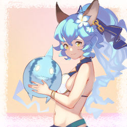 Rule 34 | 1girl, animal ears, blue hair, erune, ferry (granblue fantasy), ferry (summer) (granblue fantasy), flower, granblue fantasy, hair flower, hair ornament, hair ribbon, highres, holding, long hair, looking at viewer, midriff, navel, nicola (granblue fantasy), pinepizza, ponytail, ribbon, sidelocks, smile, solo, swimsuit, upper body