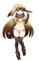 Rule 34 | 10s, 1girl, :d, bikini, black gloves, black thighhighs, blonde hair, blue eyes, bow, bow bikini, breasts, brown hair, elbow gloves, full body, gloves, gradient hair, hand up, ise (0425), kemono friends, long hair, looking at viewer, medium breasts, multicolored hair, navel, open mouth, partially fingerless gloves, scarf, simple background, smile, solo, standing, steller&#039;s sea lion (kemono friends), swimsuit, thighhighs, very long hair, white background, white hair