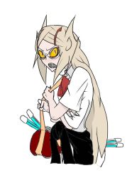 Rule 34 | 1girl, annoyed, artist request, bag, blonde hair, blush, book, braces, clenched teeth, clothes around waist, cowboy shot, duffel bag, embarrassed, extra arms, facing viewer, from side, g=hikorou, gender request, genderswap, general grievous, glasses, grieve-tan, jacket, jacket around waist, kendo sword, long hair, looking at viewer, pointy hair, school uniform, sharp teeth, skinny, skirt, solo, standing, star wars, sword, taped fingers, teeth, weapon, yellow eyes