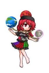 Rule 34 | 1girl, animated, bare arms, barefoot, black shirt, blinking, chain, closed mouth, clothes writing, cloud, earth (ornament), full body, hecatia lapislazuli, long hair, lowres, miniskirt, moon (ornament), multicolored clothes, multicolored skirt, namako daibakuhatsu, off-shoulder shirt, off shoulder, outstretched arms, pixel art, red eyes, red hair, shirt, simple background, skirt, smile, solo, t-shirt, touhou, video, white background