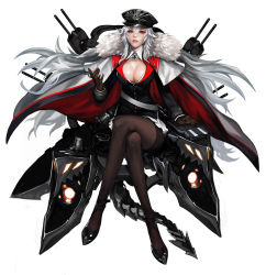 Rule 34 | 1girl, azur lane, black hat, black pantyhose, blouse, breasts, capelet, cleavage, cross, eyelashes, frostce, gloves, graf zeppelin (azur lane), hair between eyes, hat, highres, iron cross, long hair, looking at viewer, miniskirt, pantyhose, red eyes, shirt, silver hair, simple background, sitting, skirt, solo, white background, white shirt