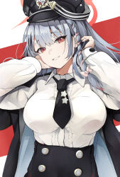 Rule 34 | 1girl, absurdres, black hat, black jacket, black necktie, black skirt, blue archive, braid, breasts, collared shirt, commentary request, grey hair, halo, hands up, haruna (blue archive), hat, highres, jacket, large breasts, light smile, long hair, long sleeves, looking at viewer, necktie, open clothes, open jacket, peaked cap, red eyes, red halo, shirt, shirt tucked in, side braid, skirt, solo, umber00, upper body, white shirt