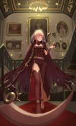 Rule 34 | 1girl, alcohol, asymmetrical sleeves, belt, black dress, black thighhighs, blunt bangs, breasts, cape, chandelier, cleavage, cup, death, detached sleeves, dress, drinking glass, gold footwear, high heels, highres, holding, holding cup, holding weapon, hololive, hololive english, indoors, large breasts, long hair, looking at viewer, mori calliope, mori calliope (1st costume), nev (nevblindarts), pink hair, portrait (object), railing, red carpet, red eyes, red wine, scythe, side slit, sidelocks, single thighhigh, skull, sleeveless, smile, stairs, takanashi kiara, thighhighs, torn cape, torn clothes, uneven sleeves, veil, virtual youtuber, weapon, wine glass