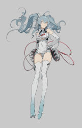 Rule 34 | 1girl, absurdres, aqua eyes, aqua hair, bare shoulders, bodysuit, boots, breasts, elbow gloves, gloves, grey background, hand on own hip, hatsune miku, high heel boots, high heels, highres, light blush, looking to the side, looking up, medium breasts, open mouth, racing miku, serious, sleeveless, solo, standing, thigh boots, thighhighs, twintails, underwear, vocaloid, white bodysuit, white footwear, white gloves, zhibuji loom