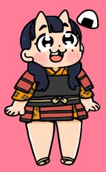 Rule 34 | 1girl, :3, :d, armor, bkub, black eyes, black hair, blunt bangs, blush, breastplate, chibi, chibi only, chipped tooth, dungeon meshi, epaulettes, food, full body, highres, horns, inutade, japanese armor, japanese clothes, kimono, kusazuri, long hair, looking at viewer, low twintails, mole, mole under eye, oni, onigiri, open mouth, orange kimono, pink background, sash, short kimono, simple background, skin-covered horns, smile, solo, twintails, waraji