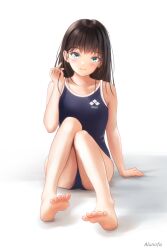 Rule 34 | 1girl, arena (company), black hair, blush, collarbone, competition swimsuit, feet, full body, green eyes, highres, knees together feet apart, legs, long hair, looking at viewer, one-piece swimsuit, original, school swimsuit, sitting, soles, swimsuit, toes, twitter username, yuluvine