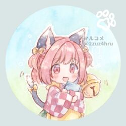 Rule 34 | 1girl, 2zuz4hru, :d, animal ears, apron, bell, black tail, blush, book, bow, cat day, cat ears, cat tail, checkered clothes, checkered kimono, chibi, commentary request, frilled apron, frills, green skirt, hair between eyes, happy, holding, holding book, japanese clothes, jingle bell, kimono, long sleeves, looking at viewer, medium hair, motoori kosuzu, open mouth, painting (medium), red eyes, red hair, red kimono, skirt, smile, solo, tail, tail bow, tail ornament, touhou, traditional media, two side up, watercolor (medium), white kimono, wide sleeves, yellow apron, yellow bow