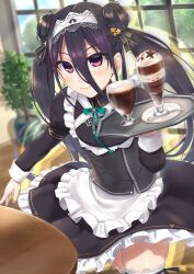 Rule 34 | 1girl, alternate hairstyle, aqua ribbon, black dress, black hair, collared dress, cup, double bun, dress, drinking glass, flower pot, frills, hair between eyes, hair bun, hair ornament, hairband, hand up, highres, holding, holding tray, indoors, juliet sleeves, kurofuti, lace-trimmed hairband, lace trim, long hair, long sleeves, looking ahead, maid, official alternate costume, plant, puffy sleeves, purple eyes, ribbon, shichiseiken (tenka hyakken), solo, star (symbol), star hair ornament, table, tenka hyakken, tray, twintails, upper body, very long hair, white wrist cuffs, wrist cuffs