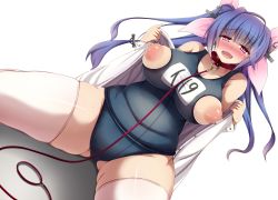 Rule 34 | 10s, 1girl, blue hair, blush, breasts, collar, heart, heart-shaped pupils, highres, huge breasts, i-19 (kancolle), kantai collection, leash, long hair, looking at viewer, nipple cutout, nippleless clothes, nipples, one-piece swimsuit, open mouth, pink eyes, plump, puffy nipples, school swimsuit, solo, spread legs, swimsuit, symbol-shaped pupils, thick thighs, thighhighs, thighs, twintails, wide hips, yuzumiya mono