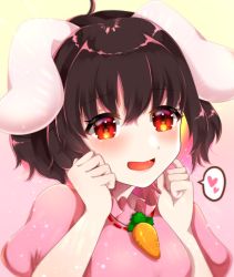 Rule 34 | 1girl, animal ears, black hair, blush, carrot necklace, commentary request, dress, enishida tsuna, floppy ears, frilled dress, frills, hands on own cheeks, hands on own face, inaba tewi, jewelry, looking at viewer, necklace, open mouth, pink dress, puffy short sleeves, puffy sleeves, rabbit ears, red eyes, ribbon-trimmed dress, short hair, short sleeves, smile, solo, touhou, upper body