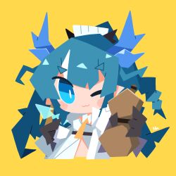 Rule 34 | 1girl, ;3, arknights, black gloves, blue eyes, blue hair, blush stickers, braid, chibi, closed mouth, cropped torso, dragon horns, gloves, gourd, highres, holding, horns, jacket, ling (arknights), long hair, looking at viewer, nuu (nu-nyu), one eye closed, ponytail, short eyebrows, signature, simple background, solo, thick eyebrows, upper body, white jacket, yellow background