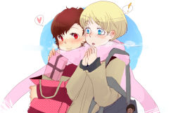 Rule 34 | !, 1boy, 1girl, andre roland jean gerard, atlus, bad id, bad pixiv id, bag, blonde hair, blue eyes, blush, couple, gift, heart, hetero, persona, persona 3, persona 3 portable, red eyes, scarf, shiomi kotone, smile, sumi (pixiv300915)