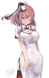 Rule 34 | 10s, 1girl, alternate costume, blue eyes, breasts, brown hair, china dress, chinese clothes, contrapposto, cowboy shot, dated, dress, floral print, garter straps, hair between eyes, kantai collection, large breasts, light smile, lips, long hair, looking at viewer, one eye closed, ponytail, red thighhighs, rokuwata tomoe, saratoga (kancolle), side ponytail, signature, solo, standing, thighhighs