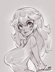 Rule 34 | 1girl, arms behind back, artist name, breasts, broken spine, casual, closed mouth, collarbone, eyelashes, from side, greyscale, highres, large breasts, lips, long hair, looking at viewer, luxolatte, mario (series), monochrome, nintendo, nose, nostrils, princess peach, shirt, short sleeves, signature, smile, solo, super mario bros. 1, t-shirt, taut clothes, taut shirt, thick lips