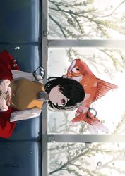 Rule 34 | 1girl, :|, absurdres, air bubble, algae, asymmetrical bangs, blurry, bubble, closed mouth, coat, collared shirt, cupping hands, depth of field, exif rotation, fish, highres, koi, long sleeves, looking at viewer, ogura tubuan, open hands, original, own hands together, plant, red coat, red eyes, seat, shirt, short hair, sitting, solo, underwater, upper body, vest, white shirt, window, yellow vest