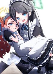 Rule 34 | 2girls, @ @, absurdly long hair, apron, aris (blue archive), aris (maid) (blue archive), black dress, black footwear, black hair, blue archive, blue eyes, blush, dress, frilled apron, frills, green halo, halo, highres, long hair, maid apron, meluwow, multiple girls, open mouth, pantyhose, red hair, ringed eyes, shoes, short sleeves, simple background, smile, very long hair, white apron, white background, white pantyhose, yellow halo, yuzu (blue archive), yuzu (maid) (blue archive)