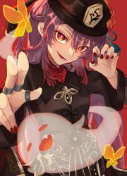 Rule 34 | 1girl, black hat, breasts, brooch, brown hair, bug, butterfly, claw pose, coat, collared coat, collared shirt, colored tips, commentary request, flower, flower-shaped pupils, genshin impact, ghost, hat, hat flower, hat ornament, highres, hu tao (genshin impact), insect, jewelry, long hair, long sleeves, looking at viewer, multicolored hair, nail polish, open mouth, plum blossoms, porkpie hat, red background, red eyes, red hair, red nails, red shirt, ring, shima usagi, shirt, smile, solo, symbol-shaped pupils, talisman, tassel