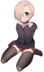 Rule 34 | 1girl, absurdres, black collar, black hoodie, blonde hair, blush, bright pupils, collar, ear piercing, earrings, female focus, full body, hair over one eye, highres, hood, hoodie, idolmaster, idolmaster cinderella girls, jewelry, long sleeves, looking at viewer, no shoes, piercing, red eyes, red skirt, shirasaka koume, short hair, simple background, sitting, skirt, sleeves past wrists, smile, solo, thighhighs, wariza, white background, white pupils, yeun, zettai ryouiki