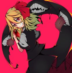 Rule 34 | 1girl, black skirt, black vest, blonde hair, blood, blood on hands, collared shirt, commentary, evil grin, evil smile, from behind, grin, hair ribbon, highres, kuroleo, looking at viewer, looking back, red background, red eyes, red ribbon, ribbon, rumia, sharp teeth, shirt, short hair, short sleeves, simple background, skirt, skirt set, smile, solo, teeth, touhou, vest
