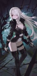 Rule 34 | 1girl, absurdres, black dress, black footwear, black gloves, boots, braid, breasts, cleavage, commentary, dagger, dress, dual wielding, foot out of frame, french braid, fur trim, gloves, grey hair, high heel boots, high heels, highres, holding, holding dagger, holding knife, holding weapon, knife, leotard, long hair, looking to the side, medium breasts, multicolored clothes, multicolored gloves, one eye covered, original, parted bangs, parted lips, red eyes, short dress, shrug (clothing), sleeves past elbows, solo, sooon, sword, teeth, thigh strap, very long hair, weapon, white gloves, white leotard