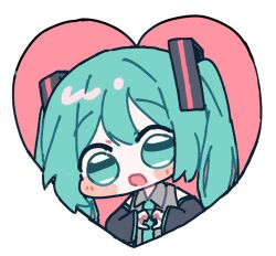 Rule 34 | 1girl, aqua eyes, aqua hair, aqua necktie, black sleeves, chibi, chibi only, collared shirt, detached sleeves, grey shirt, hair ornament, hashtag-only commentary, hatsune miku, heart, heart hands, highres, long hair, looking at viewer, miratsu (miratsu169), necktie, open mouth, outside border, shirt, sleeveless, sleeveless shirt, solo, twintails, upper body, vocaloid