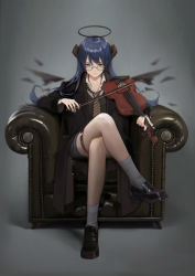 Rule 34 | 1girl, absurdres, arknights, bare legs, black jacket, blue hair, bow (music), cjmy, couch, demon girl, demon horns, detached wings, energy wings, fallen angel, glasses, halo, highres, holding, holding instrument, holding violin, horns, instrument, jacket, long hair, mostima (arknights), necktie, on couch, shirt, shoes, short shorts, shorts, sitting, socks, violin, white shirt, wings