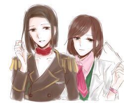 2girls ace_attorney brown_hair ema_skye formal_clothes glasses green_eyes grey_eyes gyakuten_kir lana_skye multiple_girls scarf siblings sisters