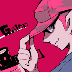 Rule 34 | .52 gal (splatoon), 1boy, baseball cap, blue eyes, character name, close-up, closed mouth, hat, hat tip, inkling, inkling boy, inkling player character, looking at viewer, lowres, male focus, mask, nana (raiupika), nintendo, pink background, pointy ears, simple background, smile, solo