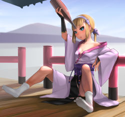Rule 34 | 1girl, alcohol, blonde hair, blush, breasts, feet, highres, holding, japanese clothes, jishimaru, kimono, long hair, looking at viewer, mountain, open mouth, outdoors, panties, pantyshot, sitting, small breasts, socks, solo, spread legs, underwear
