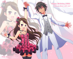 Rule 34 | 1boy, 1girl, :d, black thighhighs, bow, brown hair, couple, dancing, dress, hairband, happy birthday, height difference, hetero, holding hands, idolmaster, idolmaster (classic), long hair, minase iori, ookami maito, open mouth, plaid, plaid dress, producer (idolmaster), purple eyes, smile, thighhighs, tuxedo