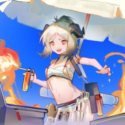 Rule 34 | + +, 1girl, :d, absurdres, arknights, bare shoulders, beach umbrella, bikini, blue sky, breasts, brown hair, fangs, fire, highres, holding, horns, ifrit (arknights), looking at viewer, nail polish, navel, open mouth, parted bangs, ponytail, red eyes, red nails, shuiyixiaoya, sky, small breasts, smile, solo, spatula, swimsuit, teeth, umbrella, upper teeth only, v-shaped eyebrows, white bikini